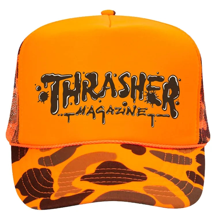 Thrasher | Headwear | Wet Paint Trucker Orange Camo